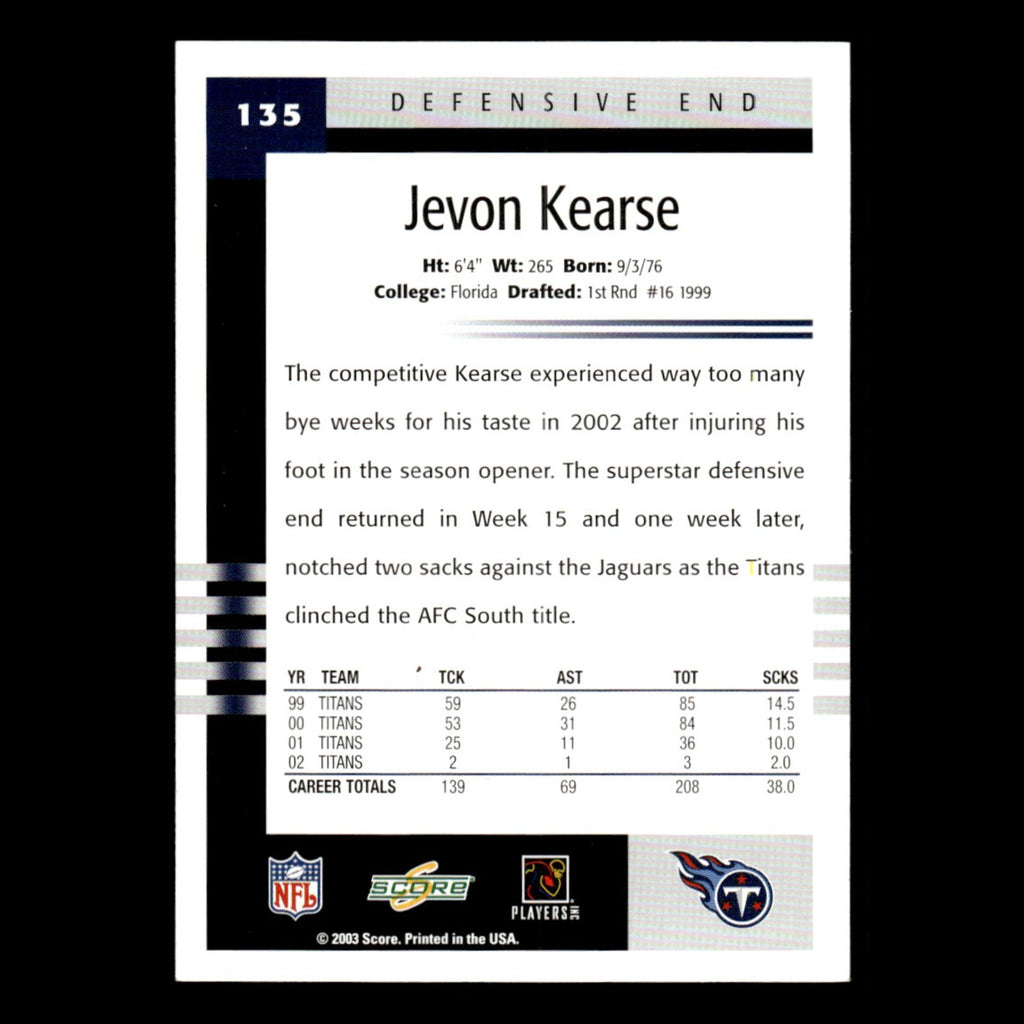 Jevon Kearse #135 2003 Score Tennessee Titans Football Card NFL NM