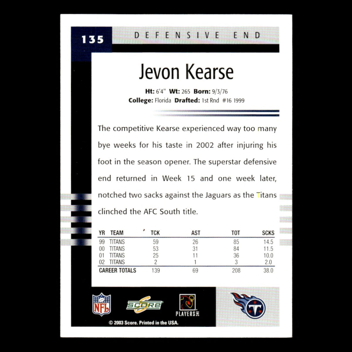 Jevon Kearse #135 2003 Score Tennessee Titans Football Card NFL NM
