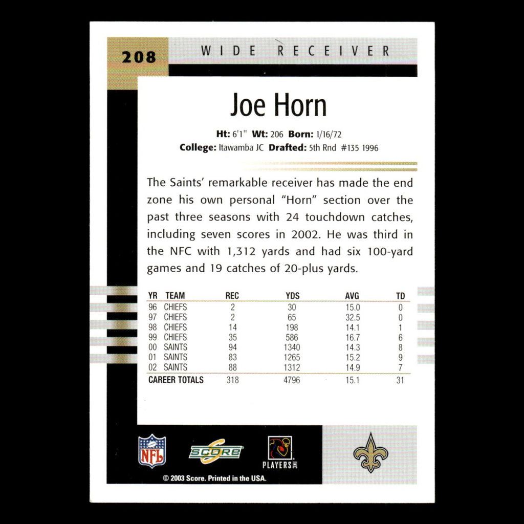 Joe Horn #208 2003 Score New Orleans Saints Football Card NFL NM