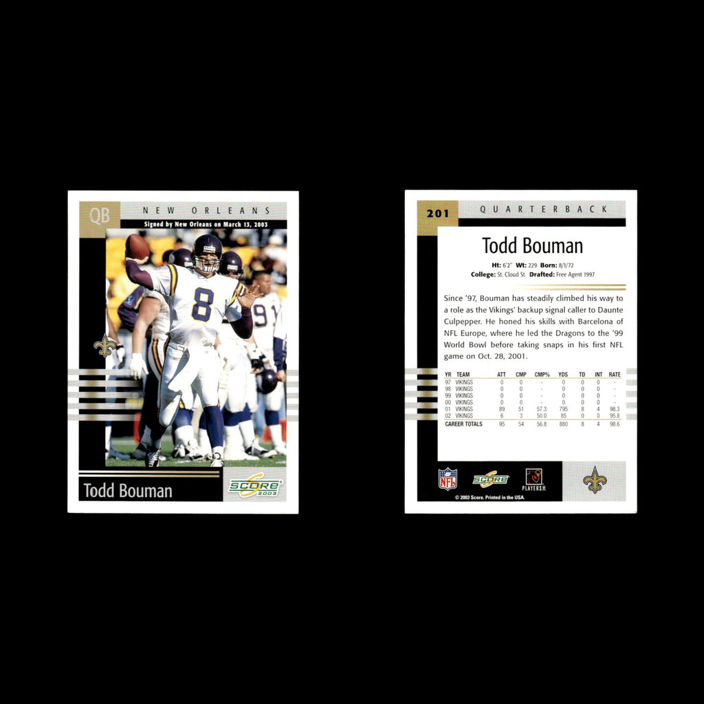 Todd Bouman #201 2003 Score New Orleans Saints Football Card NFL NM