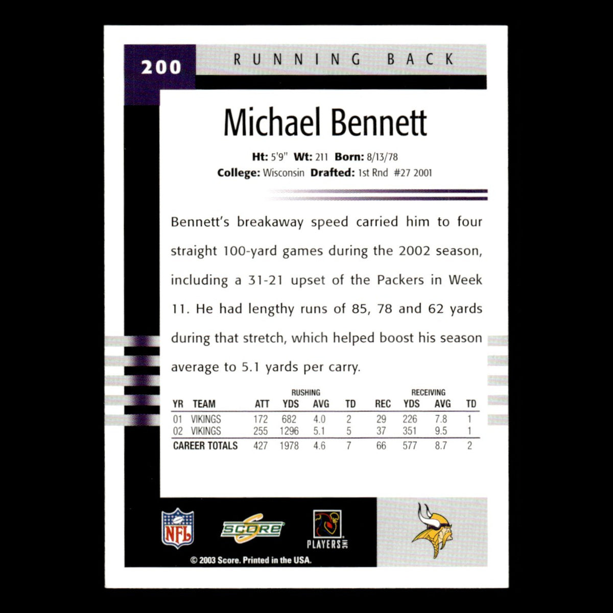 Michael Bennett #200 2003 Score Minnesota Vikings Football Card NFL NM