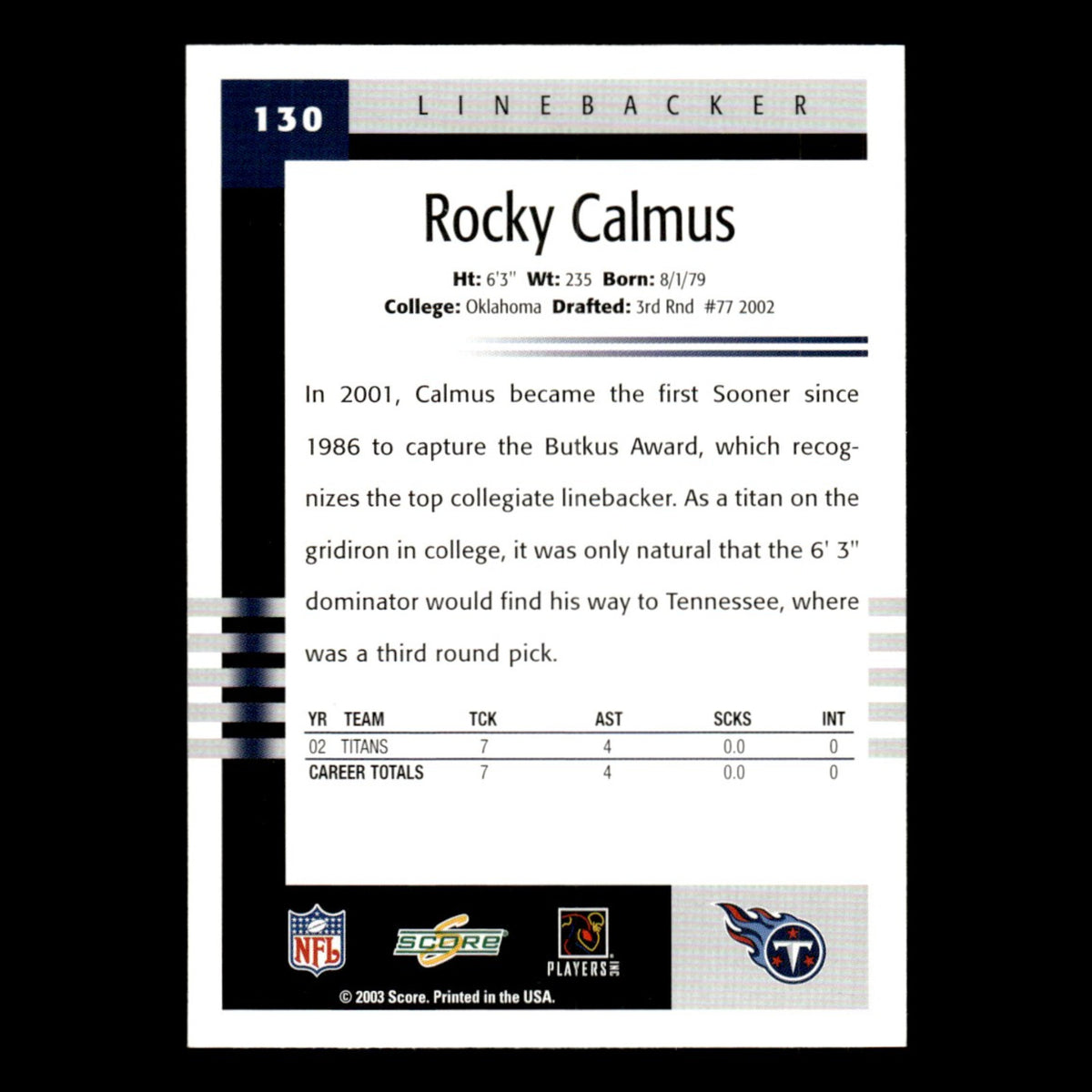 Rocky Calmus #130 2003 Score Tennessee Titans Football Card NFL NM