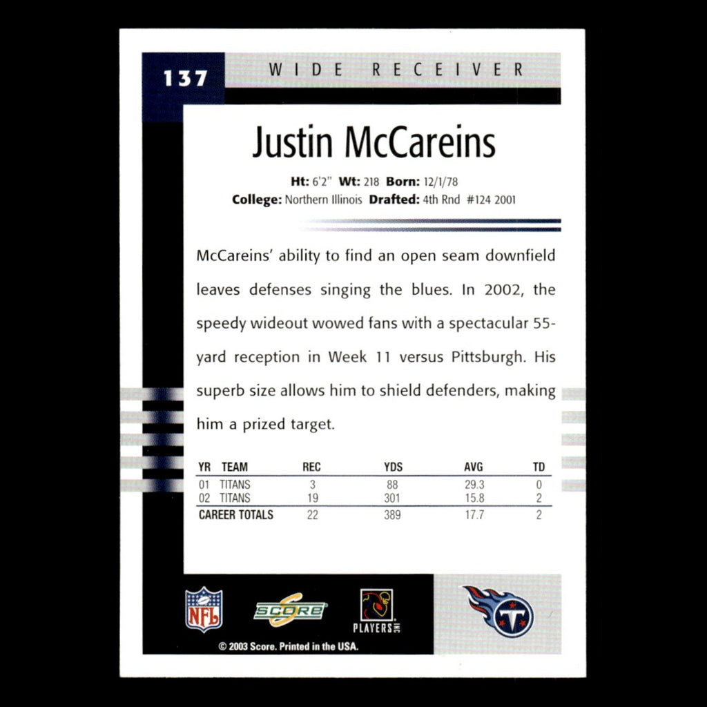 Justin McCareins #137 2003 Score Tennessee Titans Football Card NFL NM