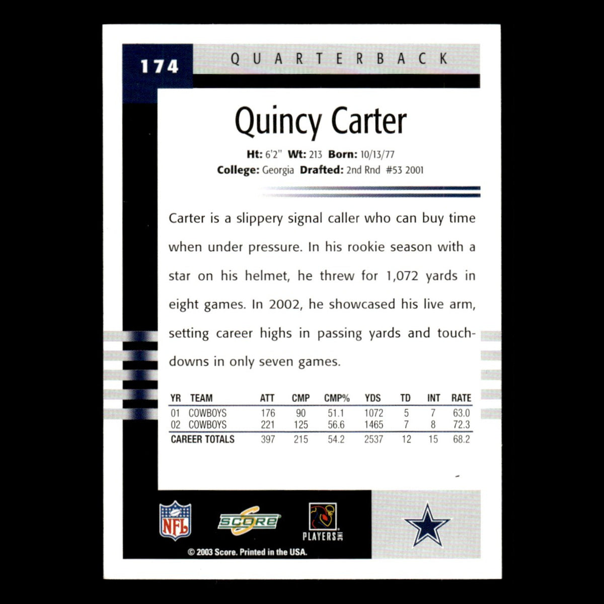 Quincy Carter #174 2003 Score Dallas Cowboys Football Card NFL NM