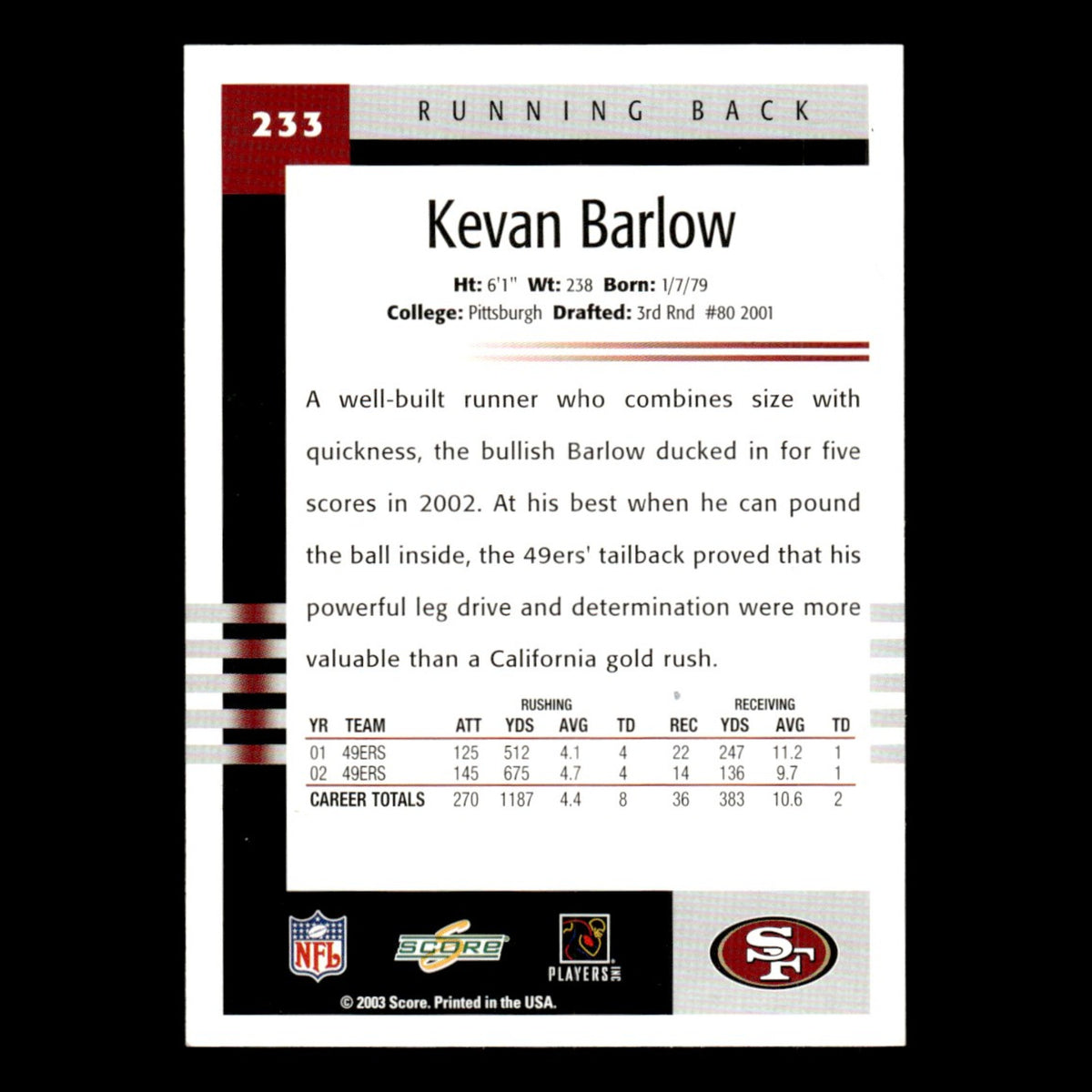 Kevan Barlow #233 2003 Score San Francisco 49ers Football Card NFL NM