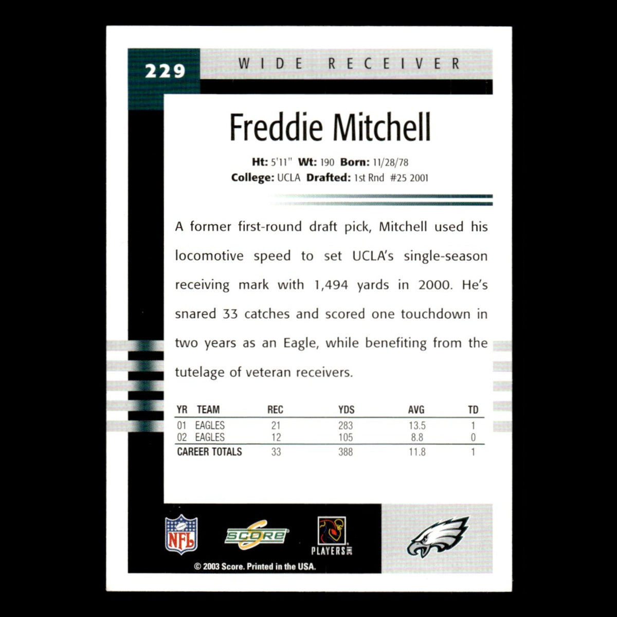 Freddie Mitchell #229 2003 Score Philadelphia Eagles Football Card NFL NM