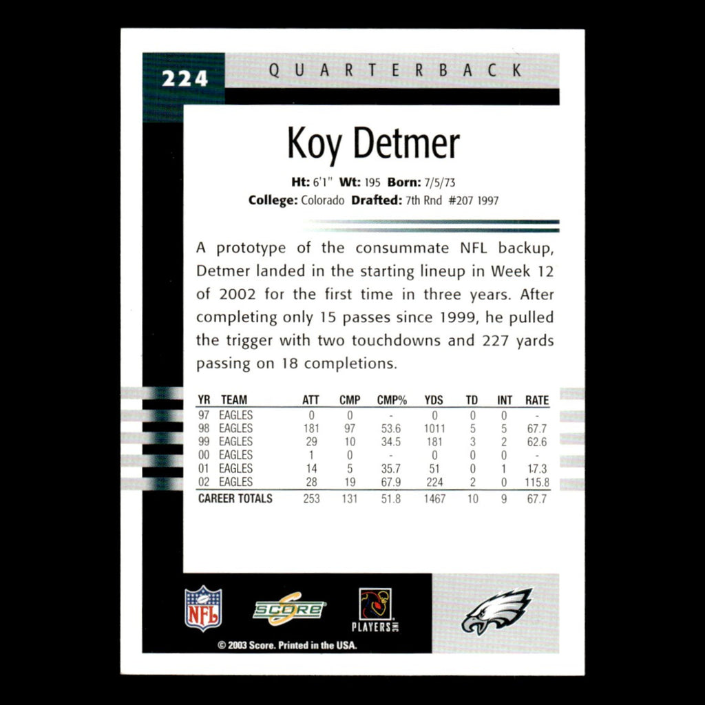 Koy Detmer #224 2003 Score Philadelphia Eagles Football Card NFL NM