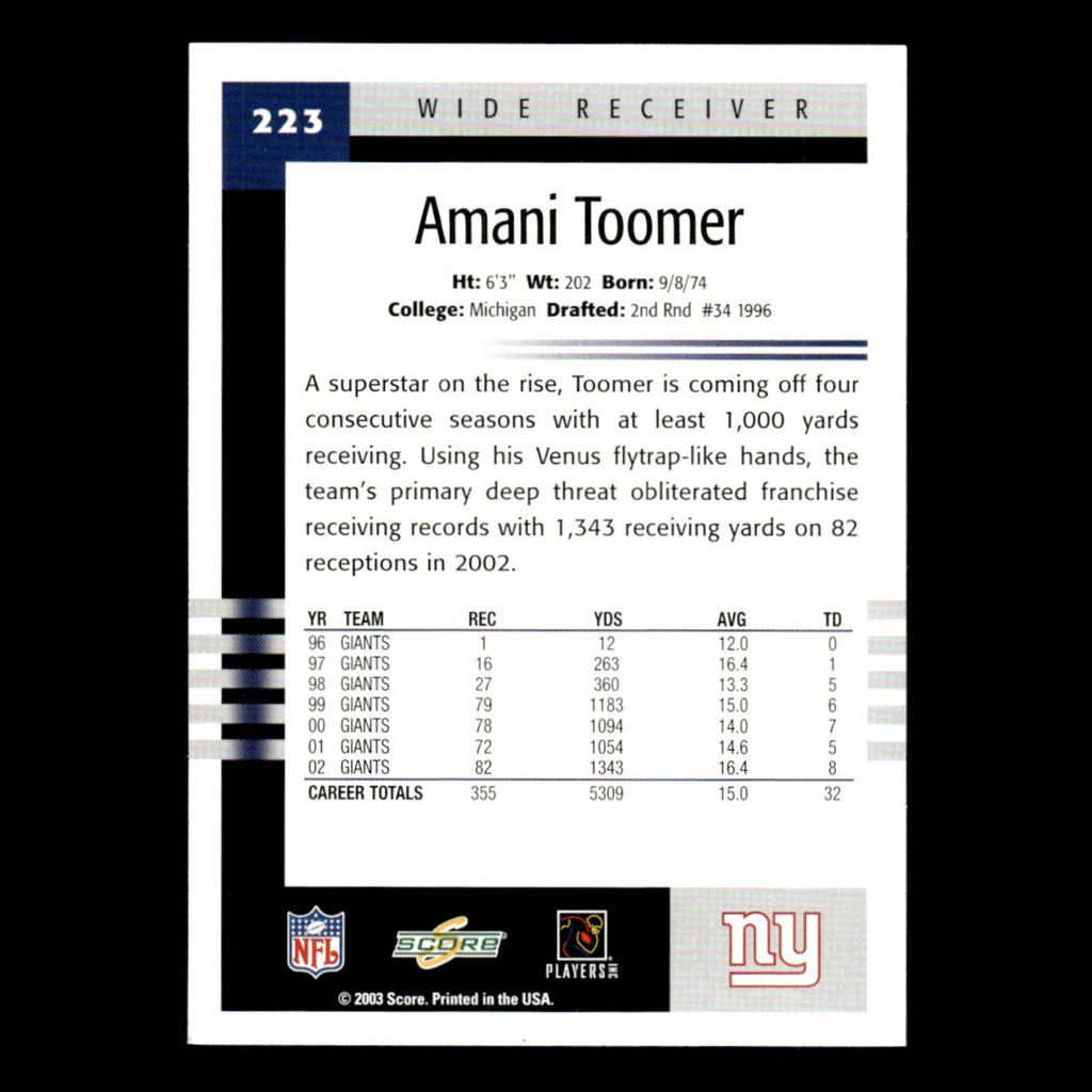 Amani Toomer #223 2003 Score New York Giants Football Card NFL NM