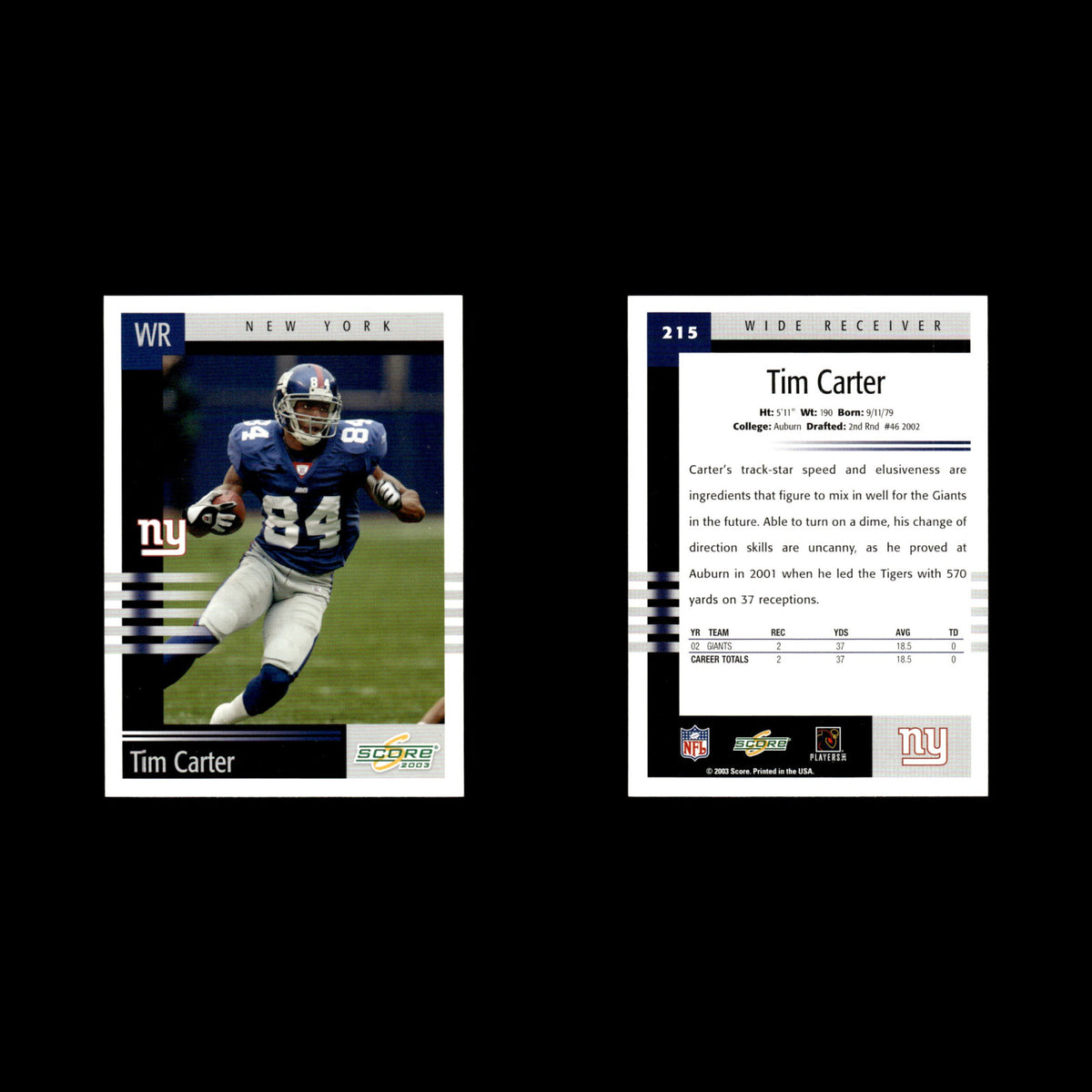 Tim Carter #215 2003 Score New York Giants Football Card NFL NM