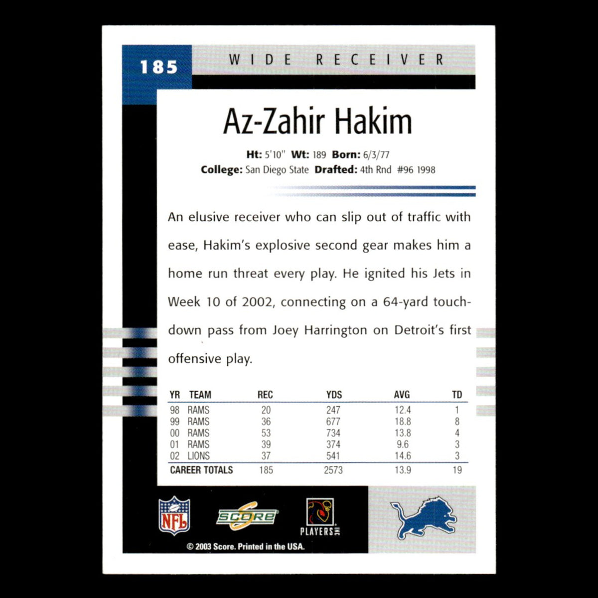 Az-Zahir Hakim #185 2003 Score Detroit Lions Football Card NFL NM