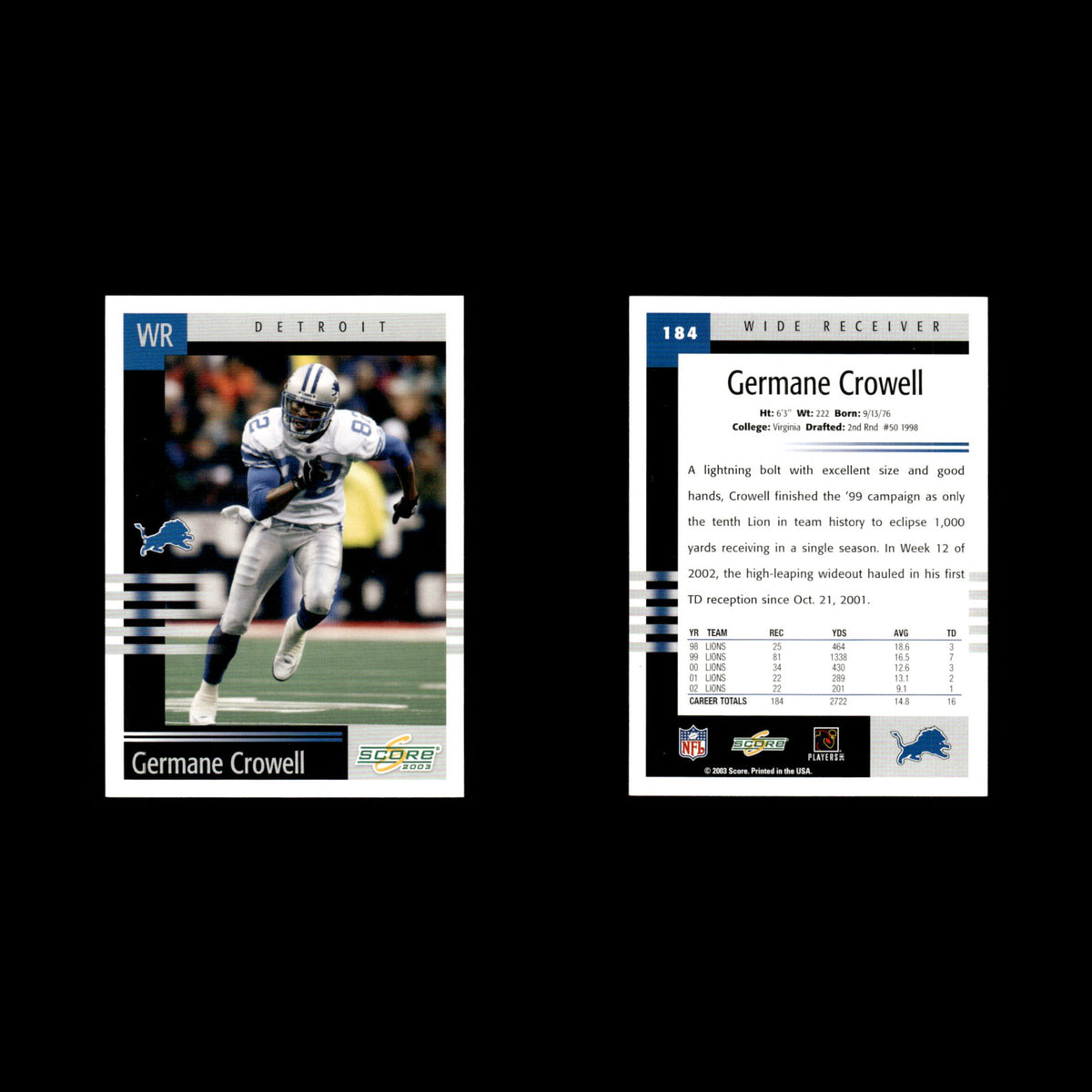 Germane Crowell #184 2003 Score Detroit Lions Football Card NFL NM