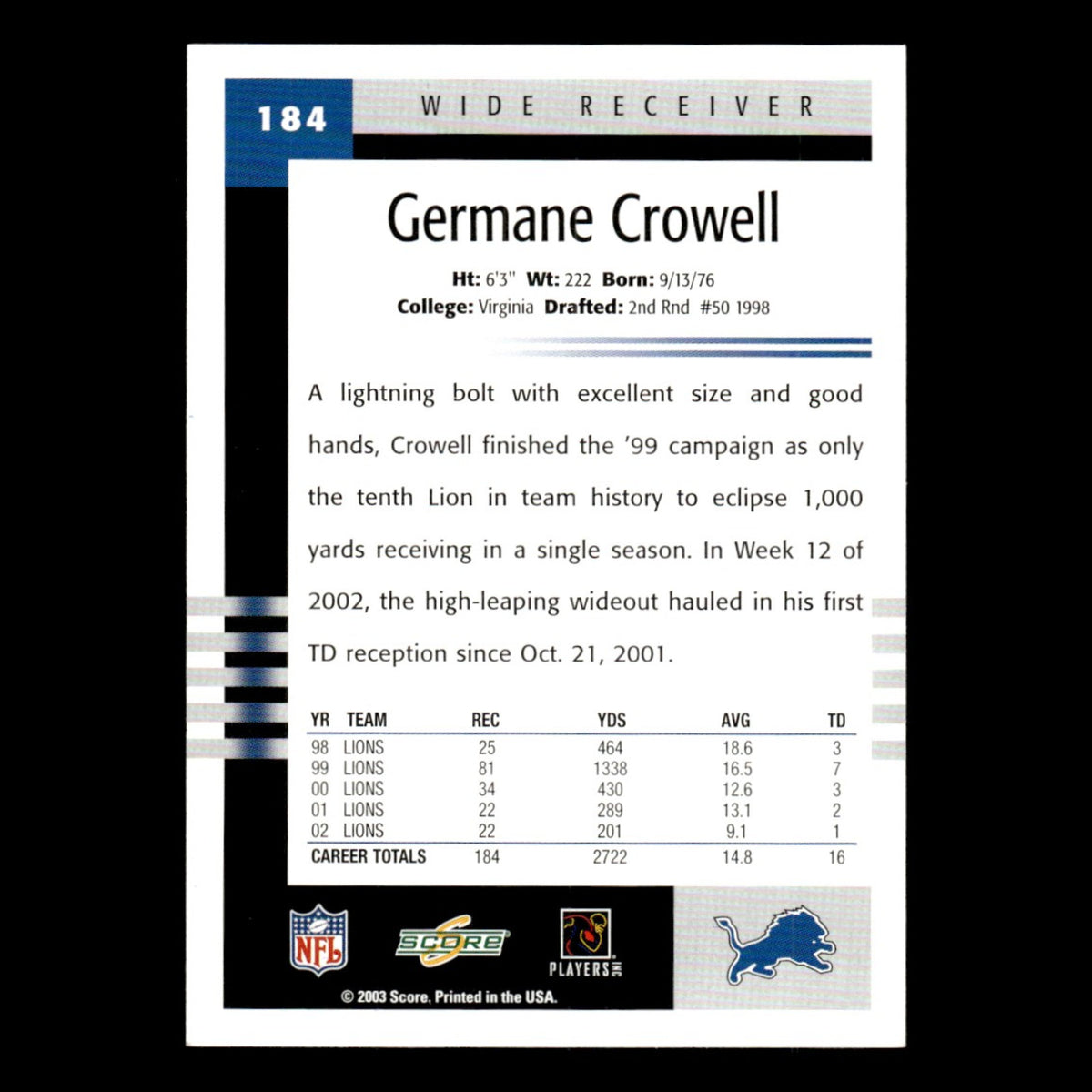 Germane Crowell #184 2003 Score Detroit Lions Football Card NFL NM