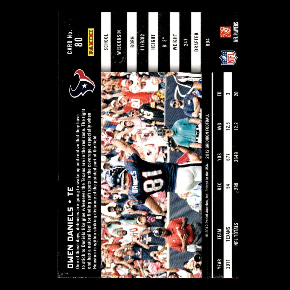 Owen Daniels #80 2012 Panini Gridiron Houston Texans Football Card NFL NM