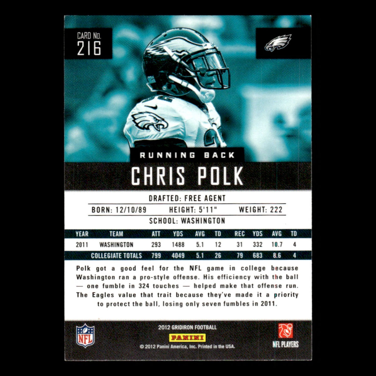 Chris Polk Rookie #216 2012 Panini Gridiron Philadelphia Eagles Football Card NM