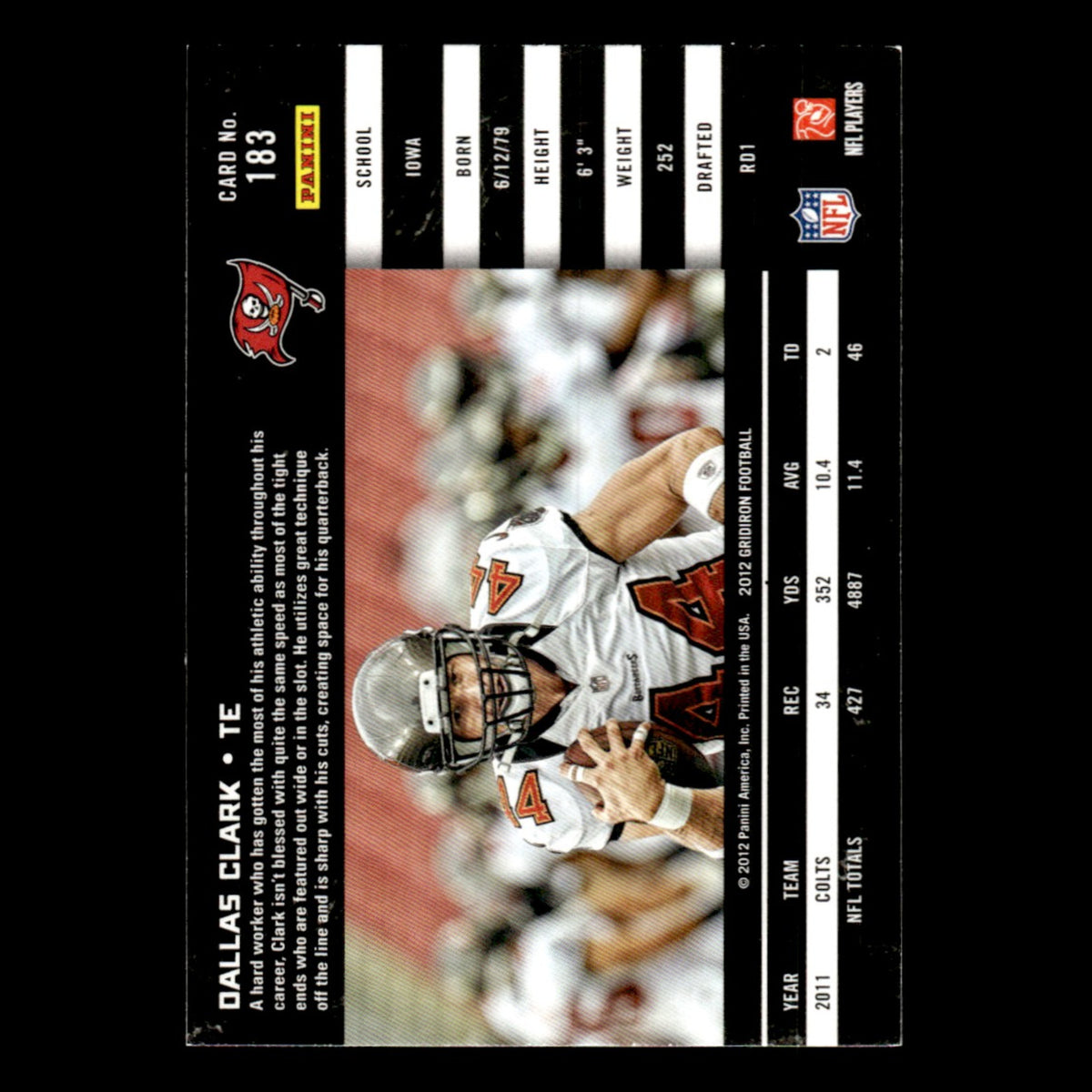Dallas Clark #183 2012 Panini Gridiron Tampa Bay Buccaneers Football Card NFL NM