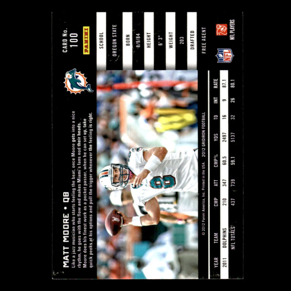 Matt Moore #100 2012 Panini Gridiron Miami Dolphins Football Card NFL NM