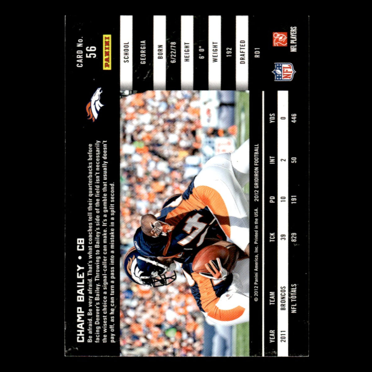 Champ Bailey #56 2012 Panini Gridiron Denver Broncos Football Card NFL NM
