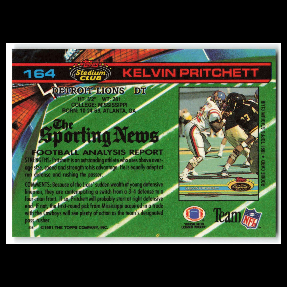 Kelvin Pritchett Rookie #164 1991 Topps Stadium Club Detroit Lions Football Card