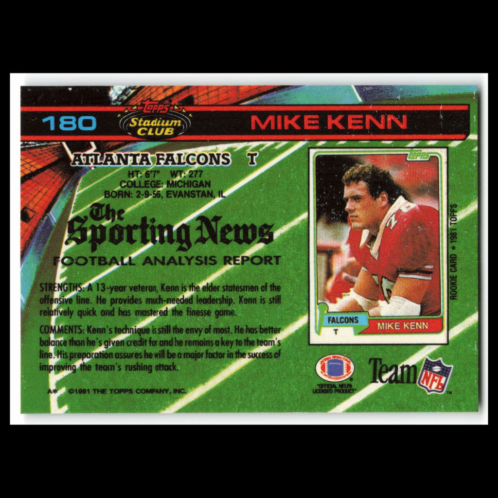 Mike Kenn #180 1991 Topps Stadium Club Atlanta Falcons Football Card NFL NM