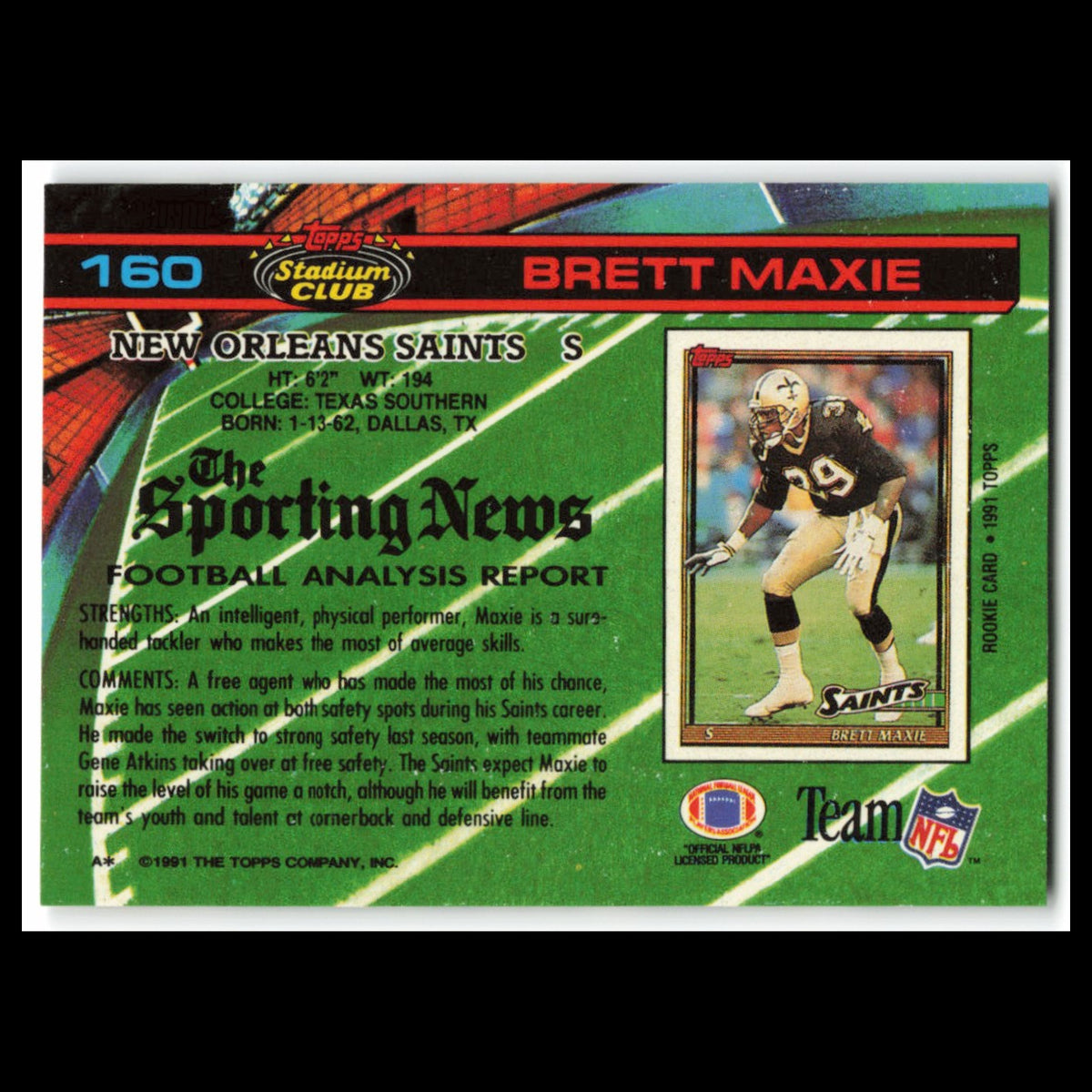 Brett Maxie Rookie #160 1991 Topps Stadium Club New Orleans Saints Football Card