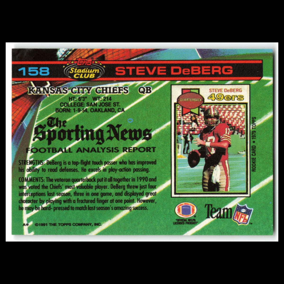 Steve DeBerg #158 1991 Topps Stadium Club Kansas City Chiefs Football Card NFL