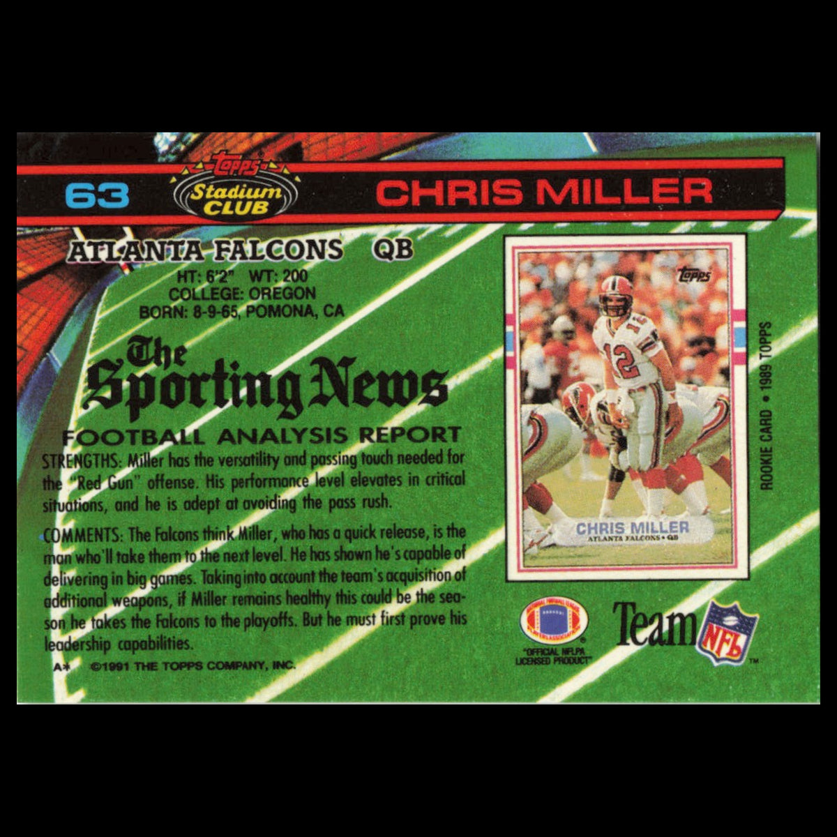 Chris Miller #63 1991 Topps Stadium Club Atlanta Falcons Football Card NFL NM