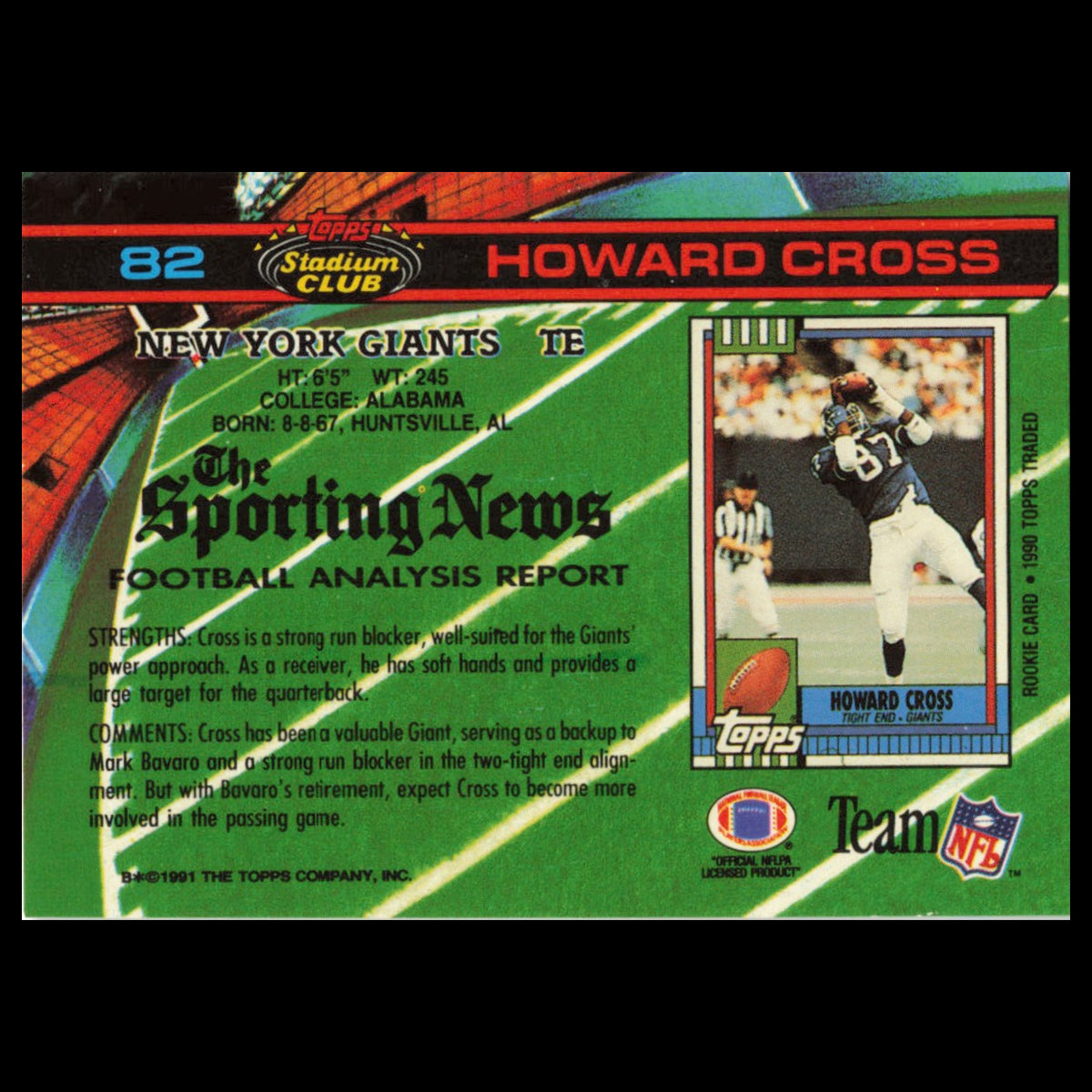 Howard Cross #82 1991 Topps Stadium Club New York Giants Football Card NFL NM