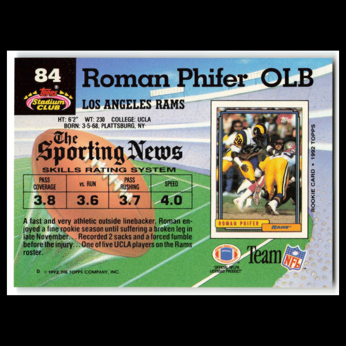 Roman Phifer #84 1992 Topps Stadium Club Los Angeles Rams Football Card NFL NM