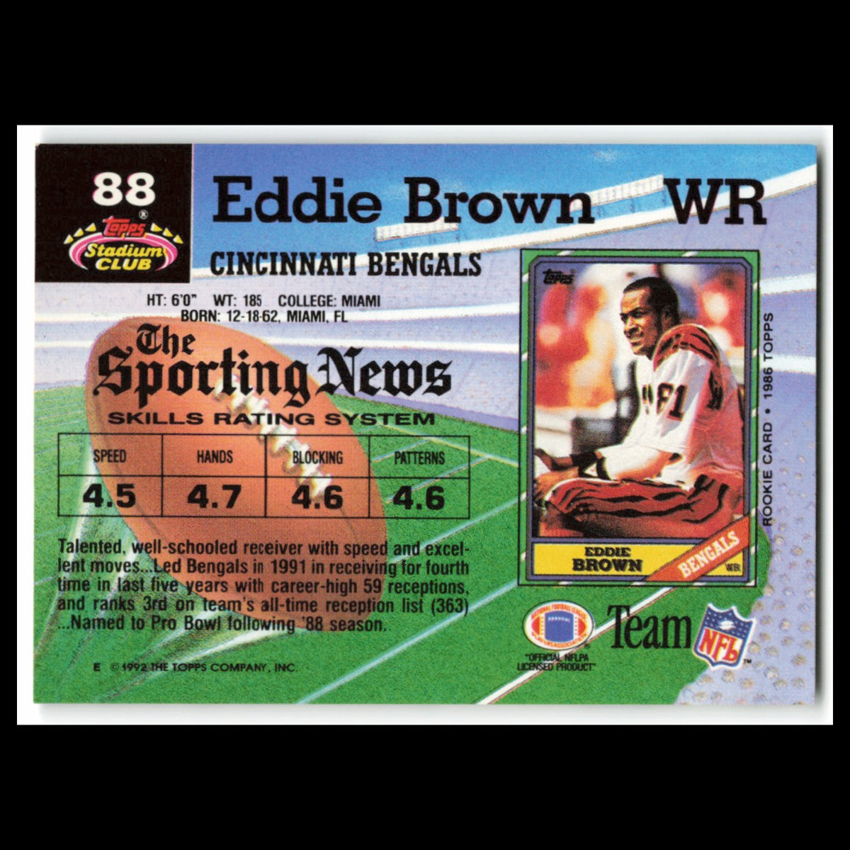 Eddie Brown #88 1992 Topps Stadium Club Cincinnati Bengals Football Card NFL NM