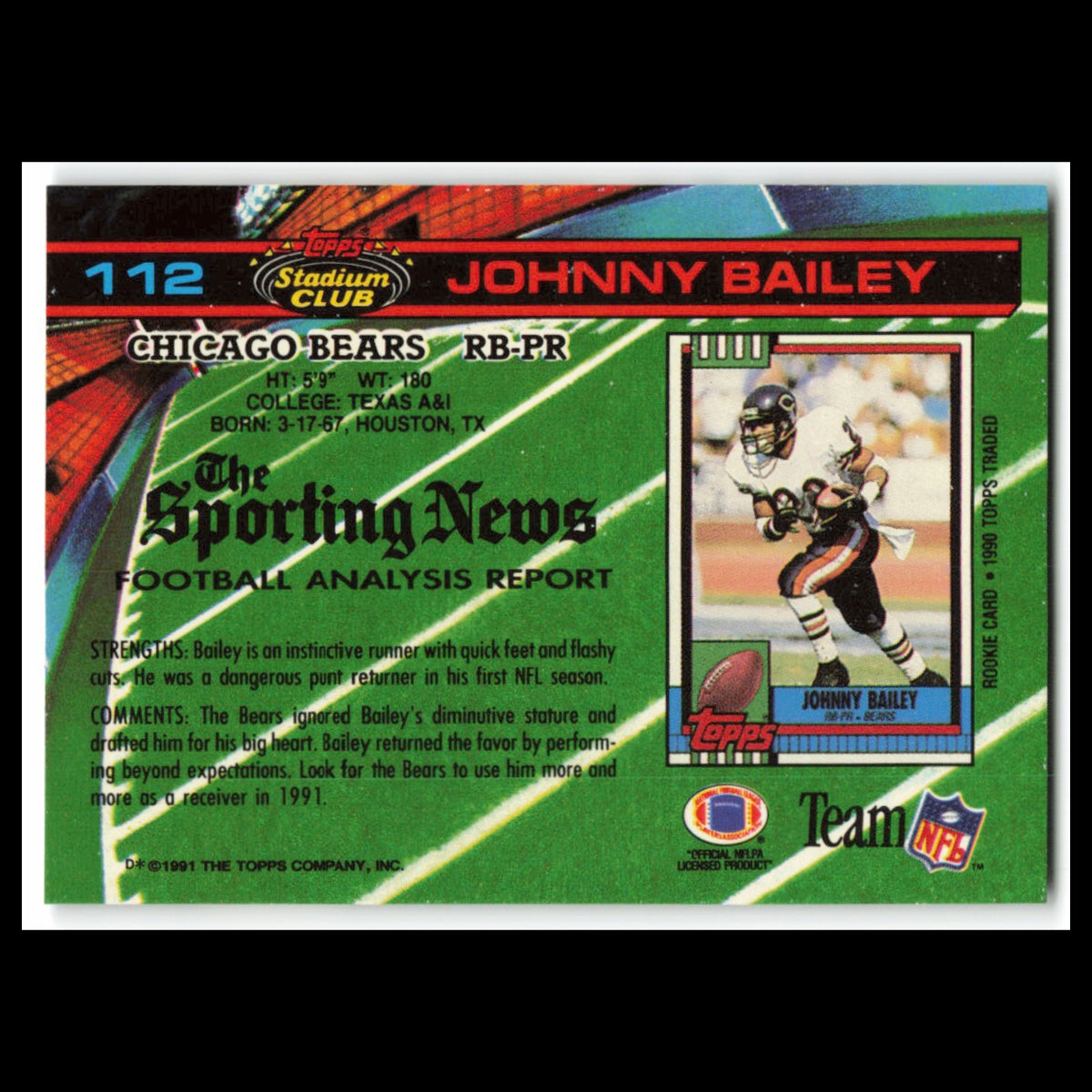 Johnny Bailey #112 1991 Topps Stadium Club Chicago Bears Football Card NFL NM