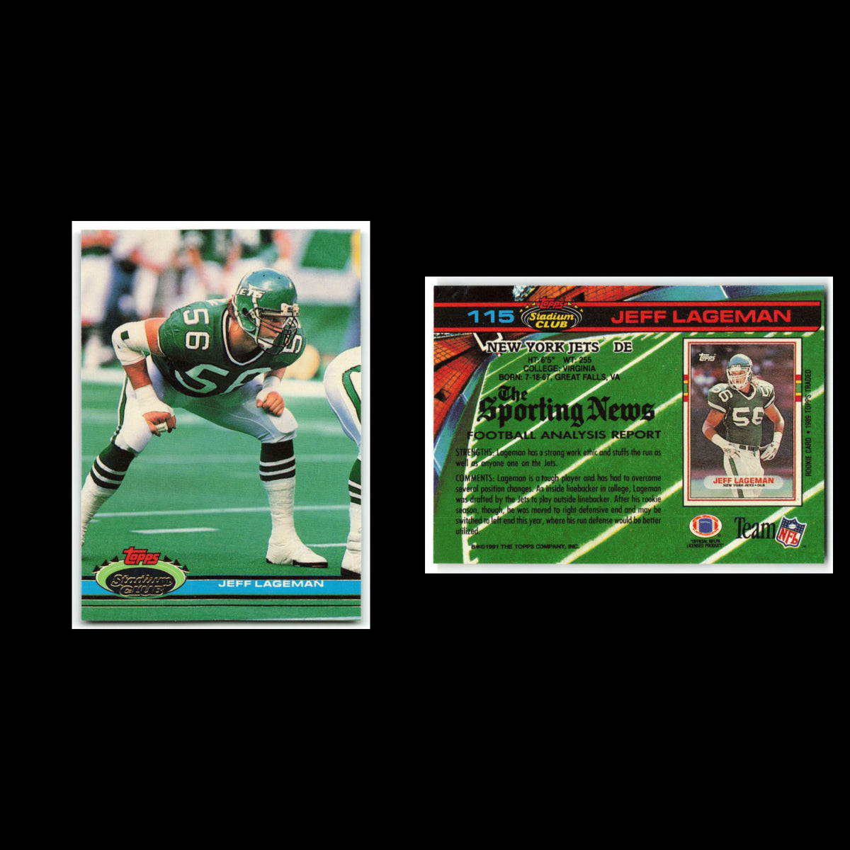 Jeff Lageman #115 1991 Topps Stadium Club New York Jets Football Card NFL NM