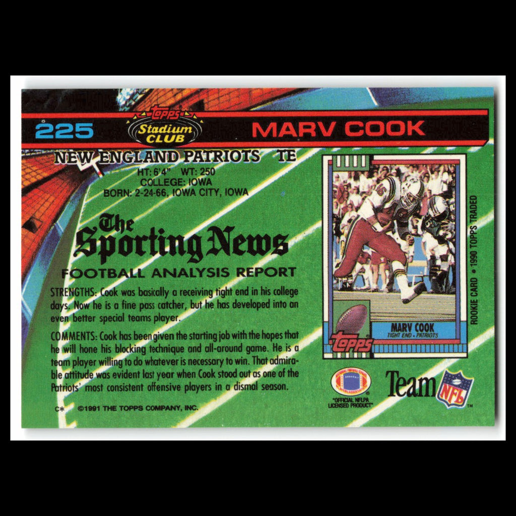Marv Cook #225 1991 Topps Stadium Club New England Patriots Football Card NFL NM