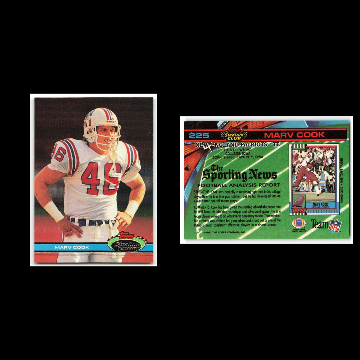 Marv Cook #225 1991 Topps Stadium Club New England Patriots Football Card NFL NM