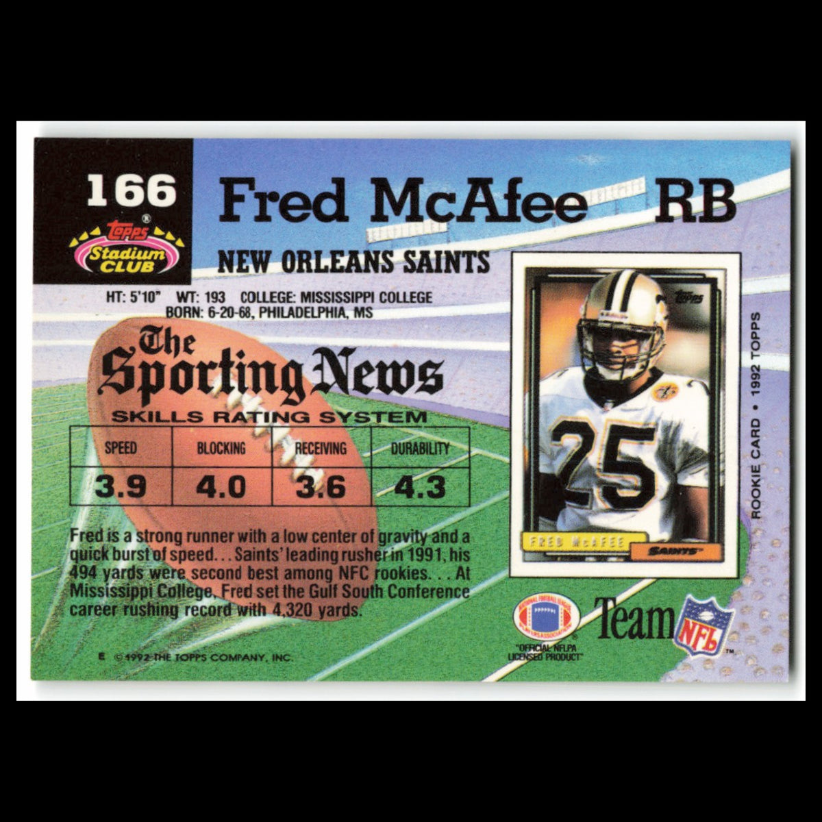Fred McAfee Rookie #166 1992 Topps Stadium Club New Orleans Saints Football Card