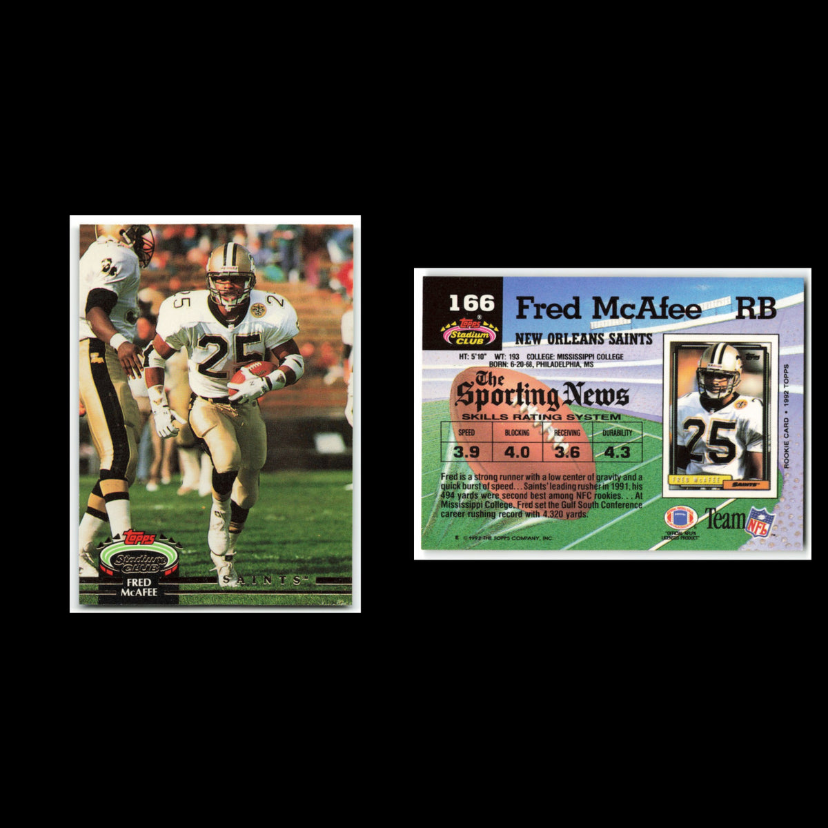 Fred McAfee Rookie #166 1992 Topps Stadium Club New Orleans Saints Football Card