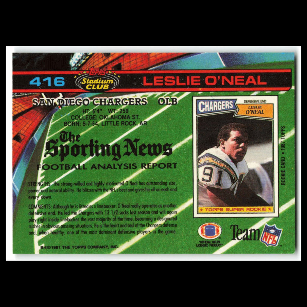 Leslie ONeal #416 1991 Topps Stadium Club San Diego Chargers Football Card NFL