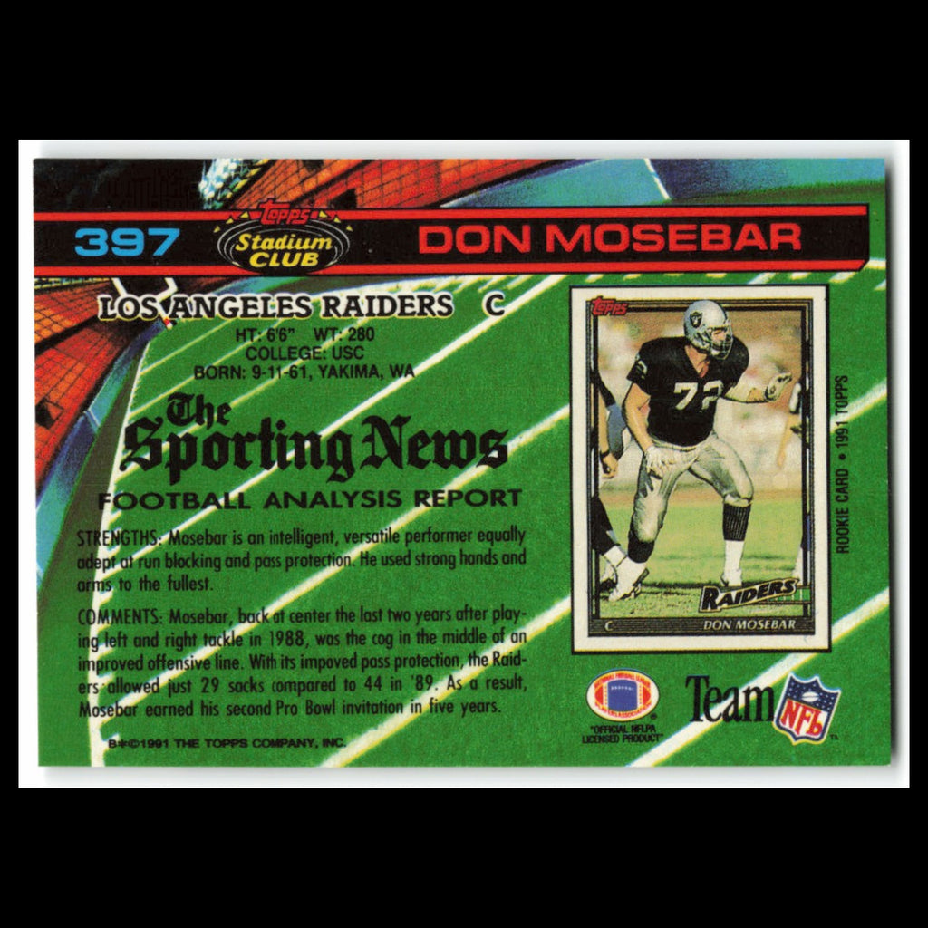 Don Mosebar #397 1991 Topps Stadium Club Los Angeles Raiders Football Card NFL