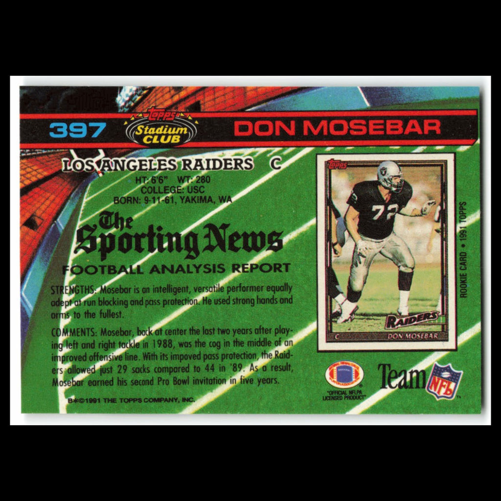 Don Mosebar #397 1991 Topps Stadium Club Los Angeles Raiders Football Card NFL