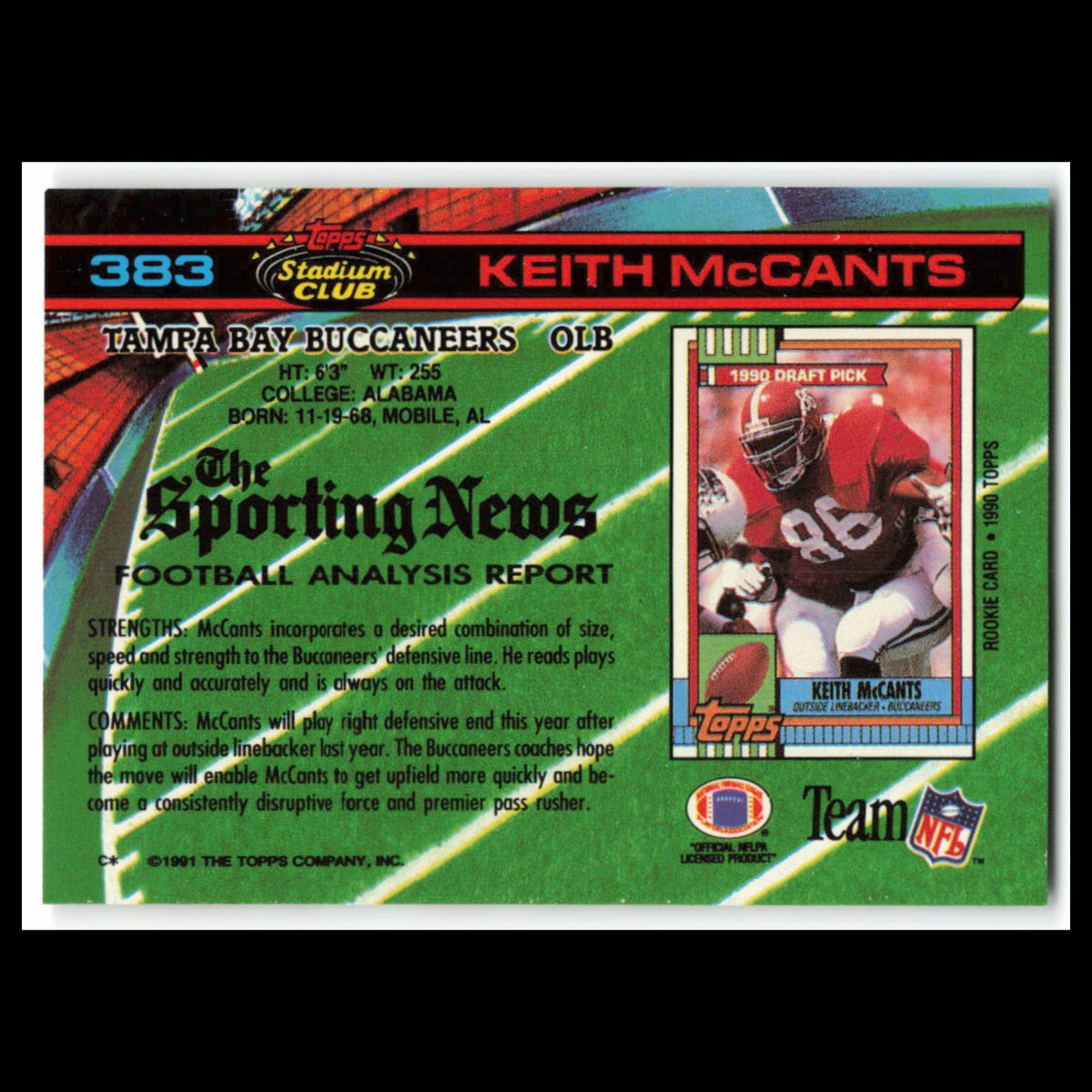 Keith McCants #383 1991 Topps Stadium Club Tampa Bay Buccaneers Football Card NM