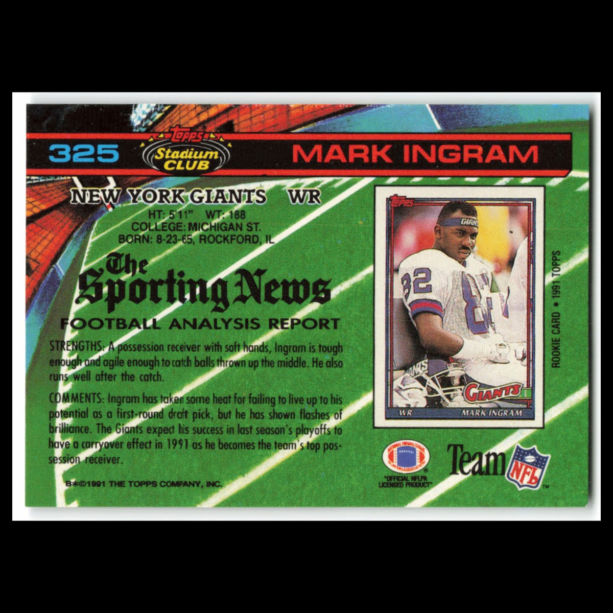 Mark Ingram #325 1991 Topps Stadium Club New York Giants Football Card NFL NM