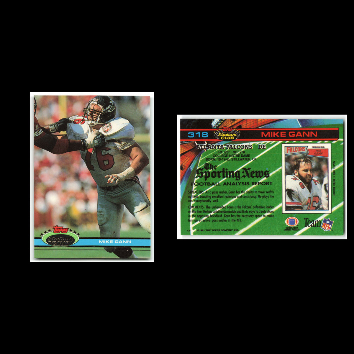 Mike Gann #318 1991 Topps Stadium Club Atlanta Falcons Football Card NFL NM