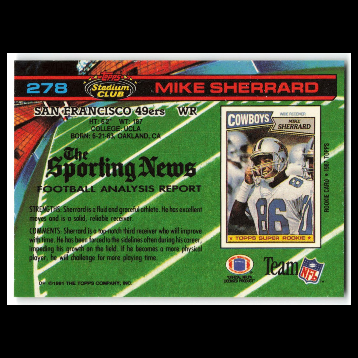 Mike Sherrard #278 1991 Topps Stadium Club San Francisco 49ers Football Card NFL