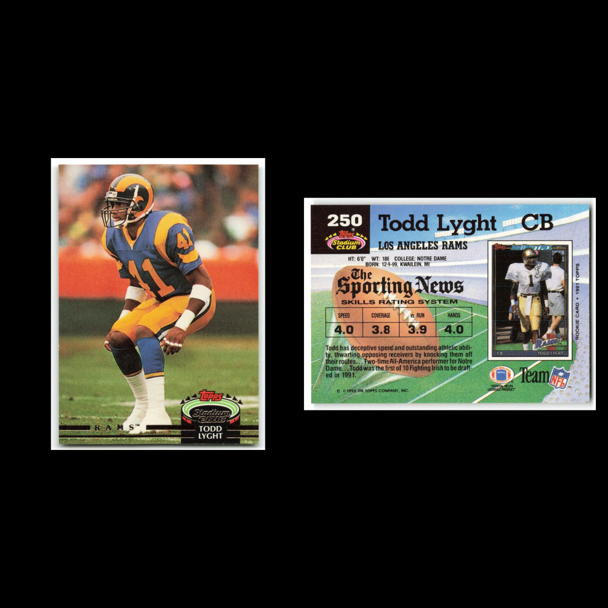 Todd Lyght #250 1992 Topps Stadium Club Los Angeles Rams Football Card NFL NM