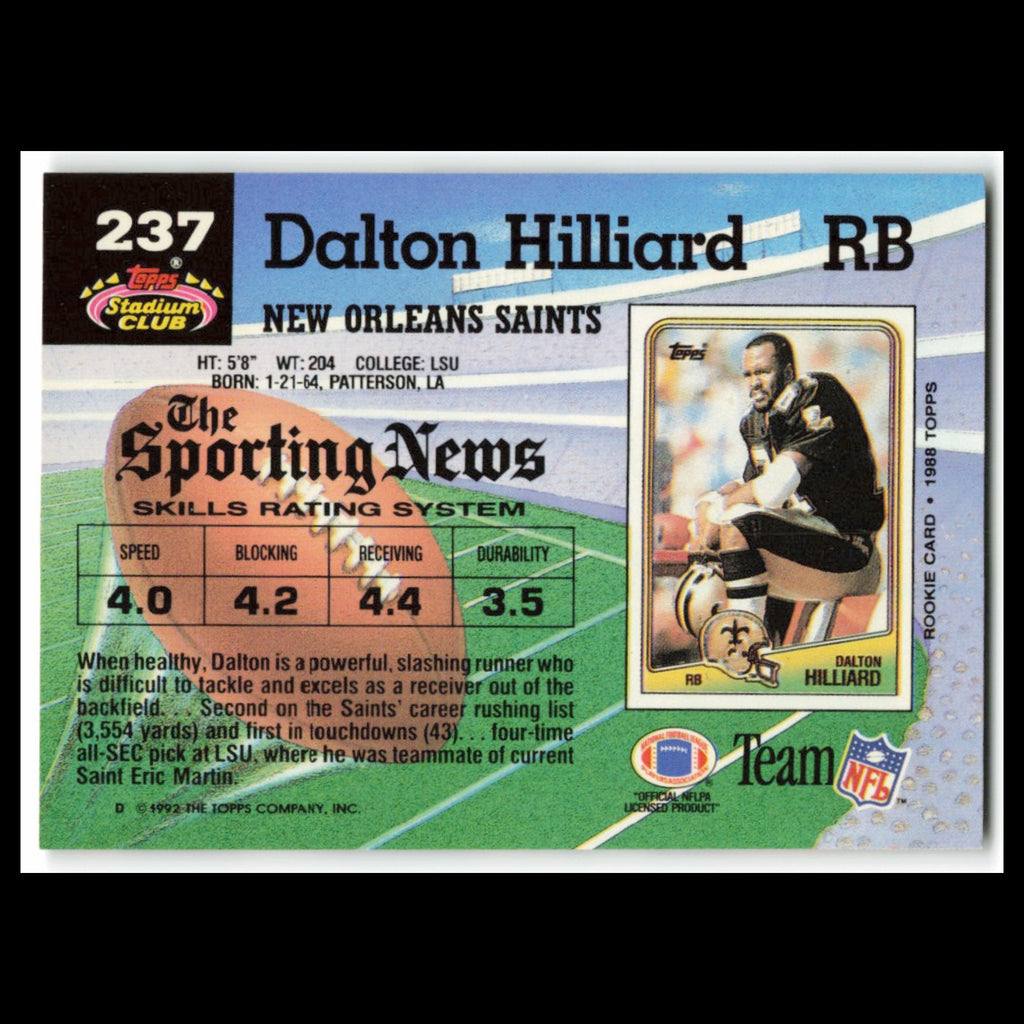 Dalton Hilliard #237 1992 Topps Stadium Club New Orleans Saints Football Card NM