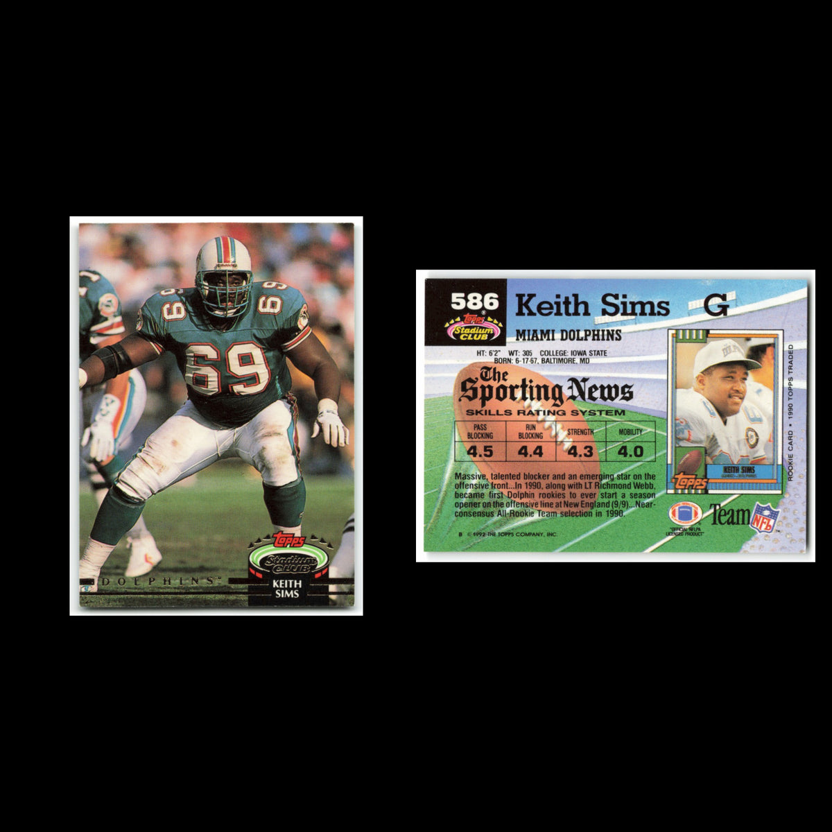 Keith Sims #586 1992 Topps Stadium Club Miami Dolphins Football Card NFL NM