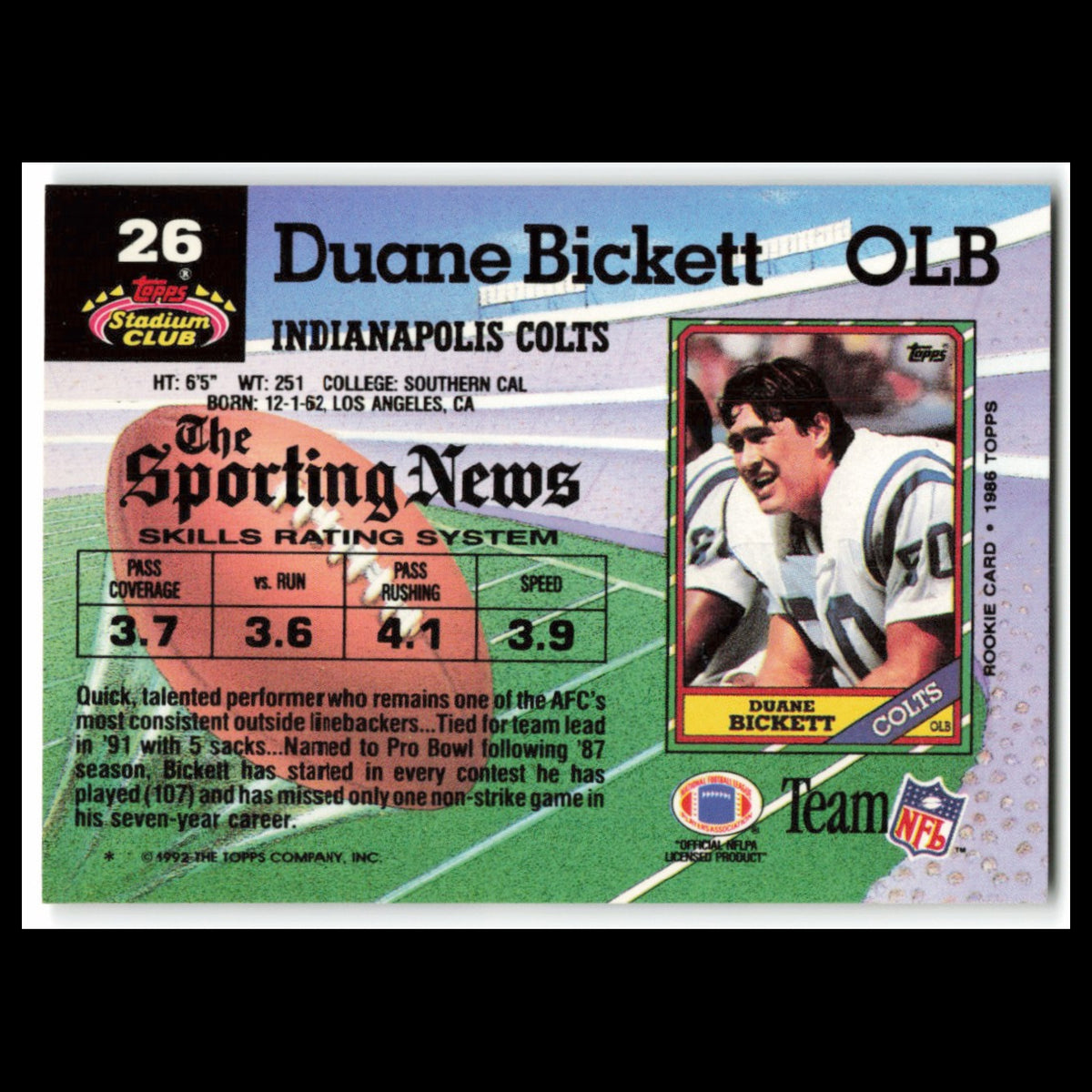 Duane Bickett #26 1992 Topps Stadium Club Indianapolis Colts Football Card NFL
