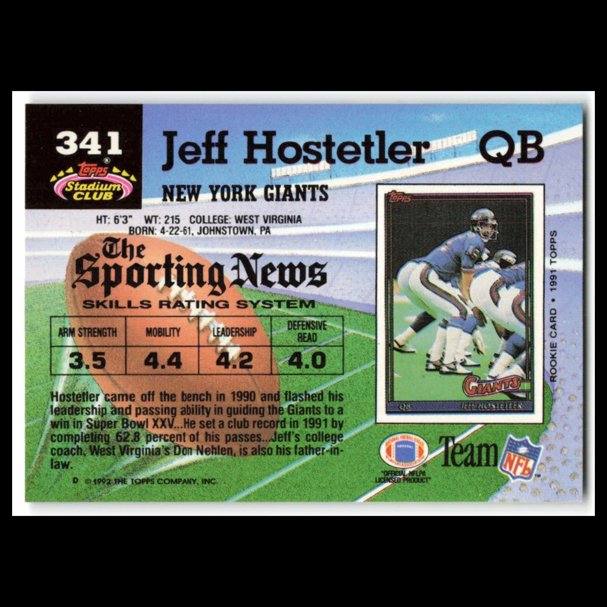 Jeff Hostetler #341 1992 Topps Stadium Club New York Giants Football Card NFL NM