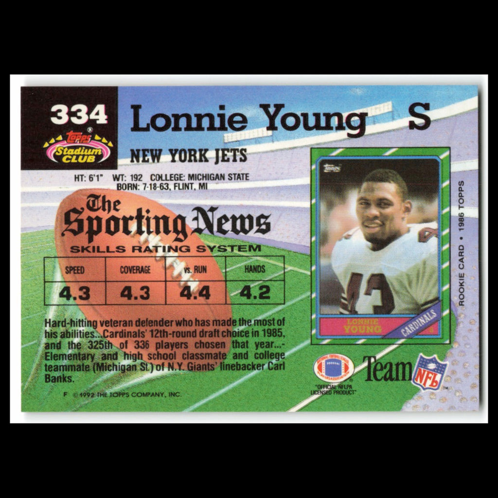 Lonnie Young #334 1992 Topps Stadium Club New York Jets Football Card NFL NM
