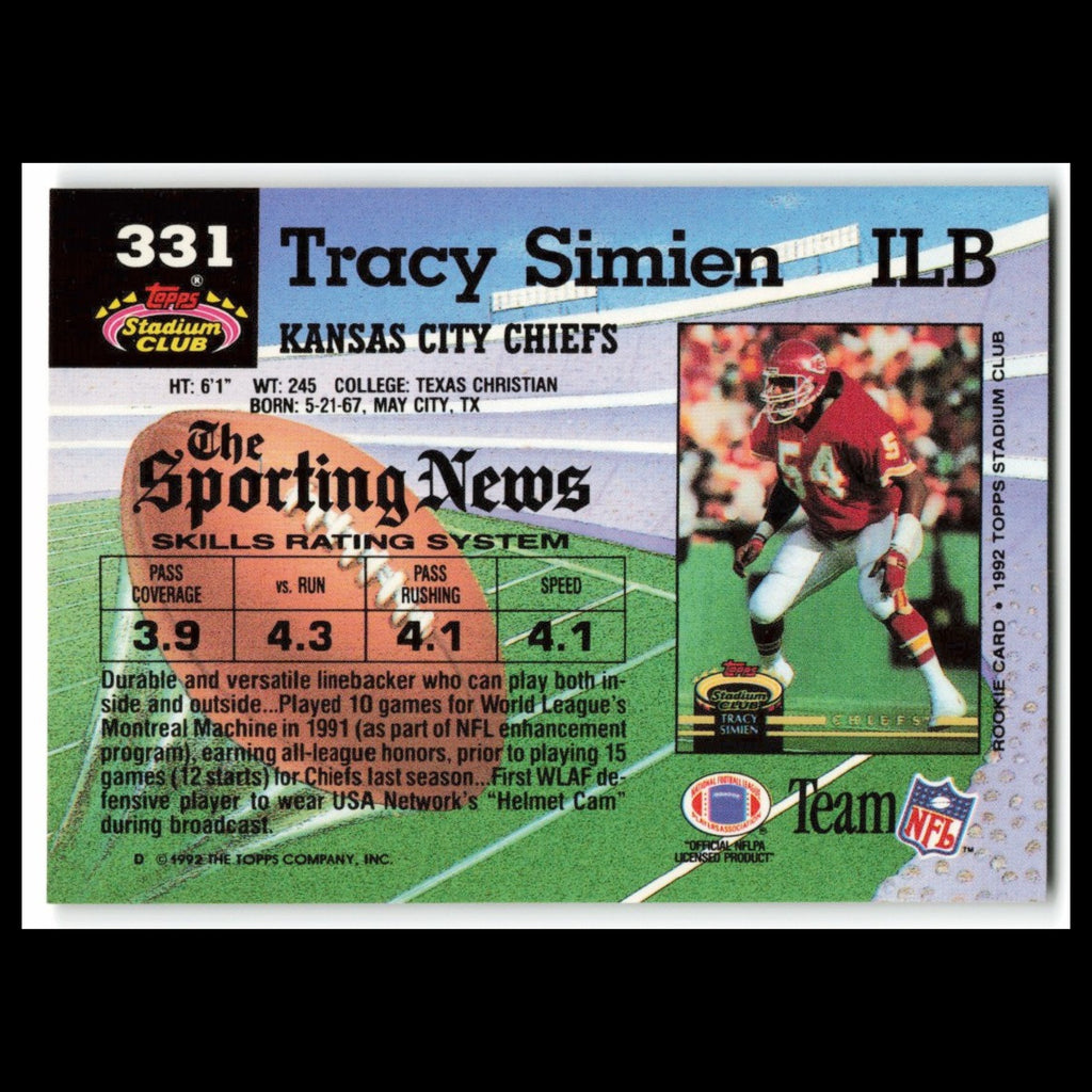 Tracy Simien #331 1992 Topps Stadium Club Kansas City Chiefs Football Card NFL