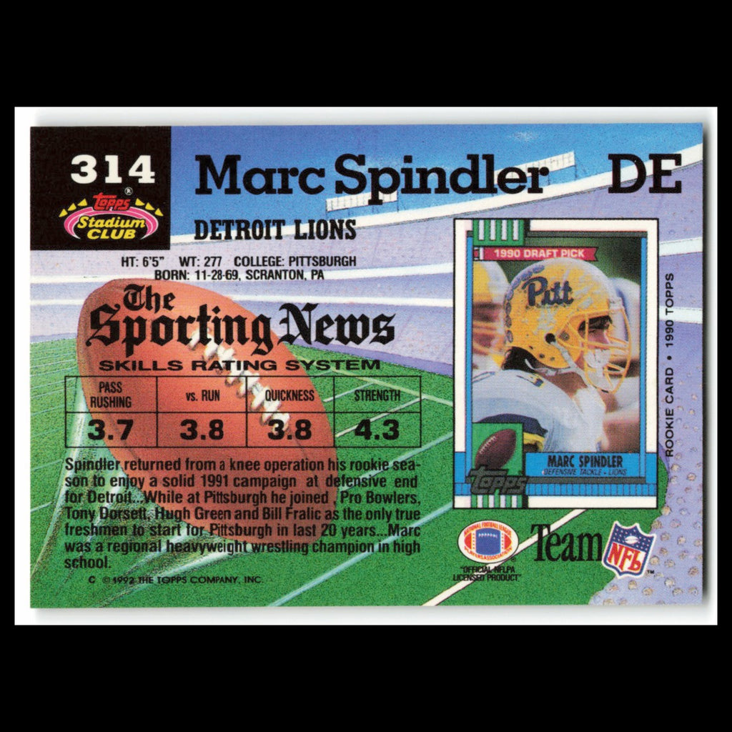 Marc Spindler #314 1992 Topps Stadium Club Detroit Lions Football Card NFL NM